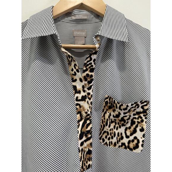 Chico’s No Iron Striped Animal Print Popover Tunic Top Size M 1 Button Up V Neck - Picture 4 of 11